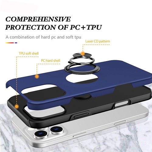 TopSave "Hidden Series" Solid Color PC Back Combine w/Inner Black TPU Bumper Kickstand Armor Case For iPhone 16 Pro, Navy Blue