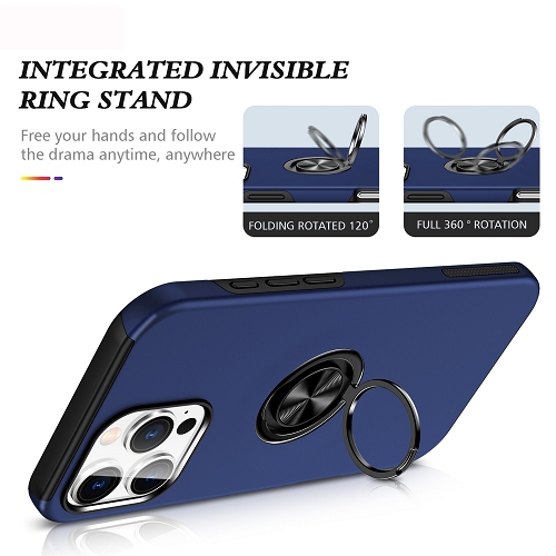 TopSave "Hidden Series" Solid Color PC Back Combine w/Inner Black TPU Bumper Kickstand Armor Case For iPhone 16 Pro, Navy Blue
