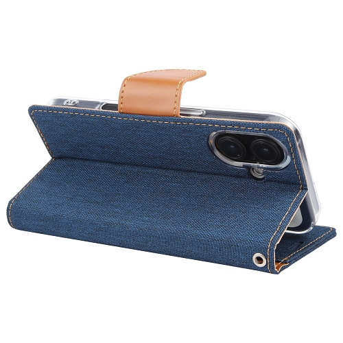 TopSave Goospery CANVAS Card Holder Fabric Folio Wallet Flip Case For iPhone 16, Navy Blue