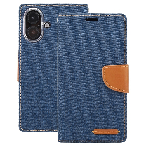 TopSave Goospery CANVAS Card Holder Fabric Folio Wallet Flip Case For iPhone 16, Navy Blue