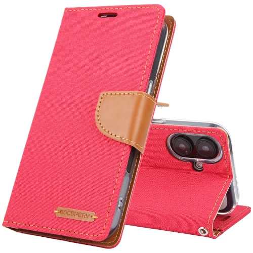 GOOSPERY  Topsave Canvas Card Holder Fabric Folio Wallet Flip Case for Iphone 16 (6.1) In Red