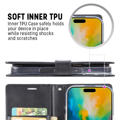 TopSave Goospery Bluemoon Card Slot w/Magnetic Clip Leather Folio Wallet Flip For iPhone 16 Pro, Black
