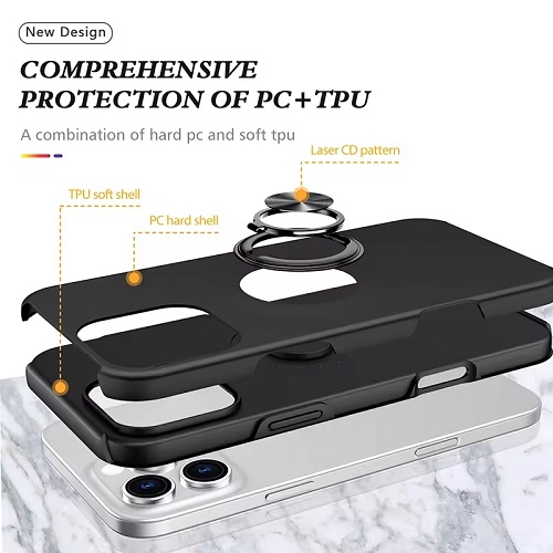 TopSave "Hidden Series" Solid Color PC Back Combine w/Inner Black TPU Bumper Kickstand Armor Case For iPhone 16 Pro, Black