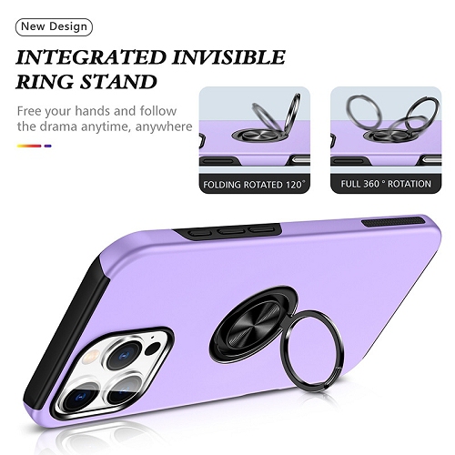 TopSave "Hidden Series" Solid Color PC Back Combine w/Inner Black TPU Bumper Kickstand Armor Case For iPhone 16 Pro, Purple
