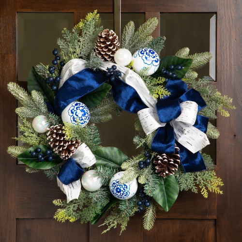 Frosted Pine with Blueberries, Bows and Ornaments Christmas Wreath - 24" - Unlit