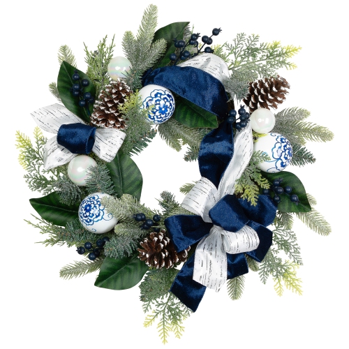 Frosted Pine with Blueberries, Bows and Ornaments Christmas Wreath - 24" - Unlit