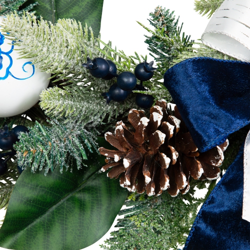 Frosted Pine with Blueberries, Bows and Ornaments Christmas Wreath - 24" - Unlit