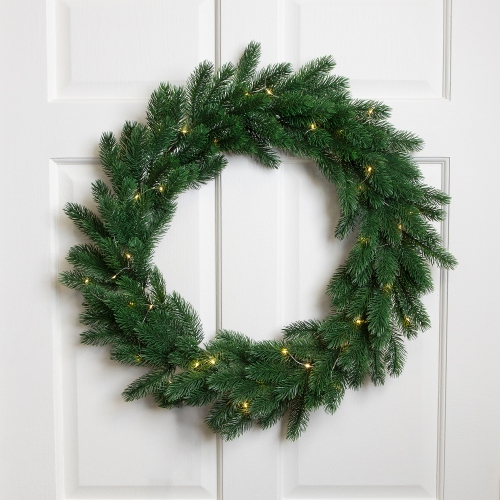 Pre-Lit Battery Operated Lush Pine Artificial Christmas Wreath - 24" - Clear Lights