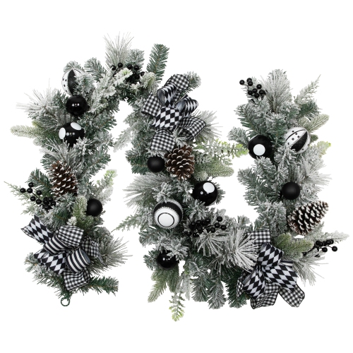 Flocked Pine with Harlequin Ornaments and Bows Artificial Christmas Garland - 6' x 8" - Unlit