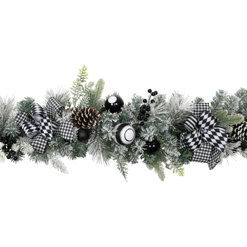 Flocked Pine with Harlequin Ornaments and Bows Artificial Christmas Garland - 6' x 8" - Unlit