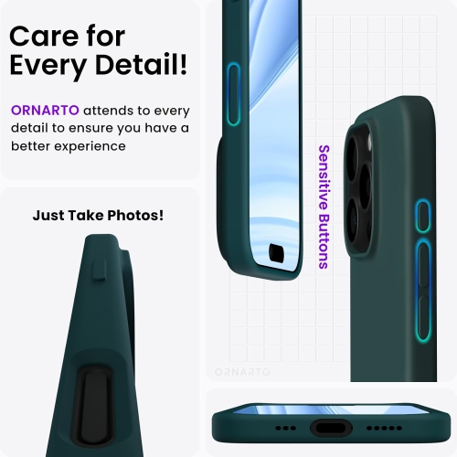 ORNARTO – compatible avec l’étui iPhone 16 Pro 6,3 po, 3 couches de silicone liquide, étui de téléphone en caoutchouc souple entièrement recouvert de