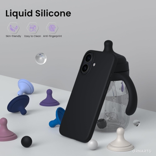 ORNARTO – compatible avec l’étui iPhone 16, 6,1 po, 3 couches de silicone liquide, étui souple en caoutchouc de gel, étui protecteur antichoc, noir