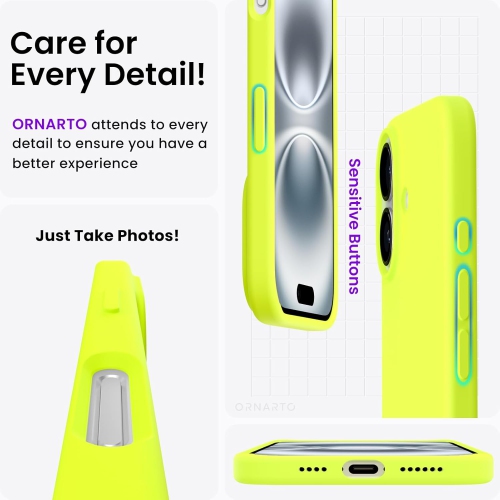 ORNARTO Compatible with iPhone 16 Case 6.1",Liquid Silicone 3 Layers Full Covered Soft Gel Rubber Phone Case, Shockproof Protective Cover-Fluorescent