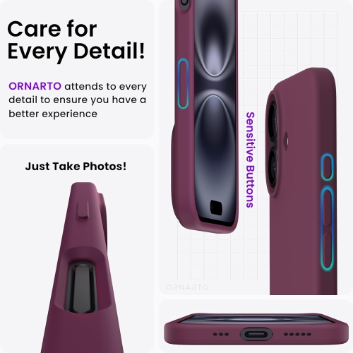 ORNARTO Compatible with iPhone 16 Case 6.1",Liquid Silicone 3 Layers Full Covered Soft Gel Rubber Phone Case, Shockproof Protective Cover-Wine Red