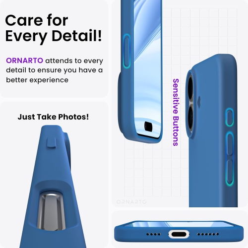 ORNARTO Compatible with iPhone 16 Plus Case 6.7",Liquid Silicone 3 Layers Full Covered Soft Gel Rubber Phone Case, Shockproof Protective Cover-Blue