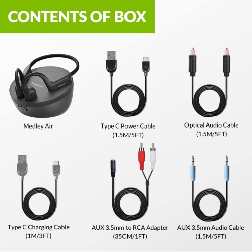 Avantree Medley Air - Open-Ear Wireless Earbuds for TV Listening & Watching with Bluetooth Transmitter & Headphones Charging Dock, Soundbar