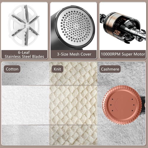 1200mAh Electric Lint Remover Portable Rechargeable Fabric Shaver for Clothes Furniture Sweater Defuzzer Pet Hair Remover,6-Leaf Blades,3-Speed,Black