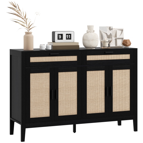 HOMCOM  Sideboard Buffet Cabinet With Storage, 53" Boho Kitchen Storage Cabinet With Decorative Rattan Doors And Drawers In Black