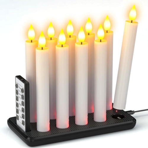 YOULIGHTS 10PCs Flameless Rechargeable Candles With Charging Base And Remote, 17 Cm Long Realistic Flickering Bright Led Taper Candle Sticks With Timer for Home Wedding Christmas Decorations