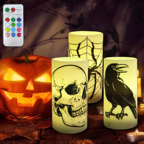 YOULIGHTS  Halloween Flameless Candles Battery Operated, Led Pillar Candles \w Skull, Spider Webs, Crows, Witches, Bats, Flickering Candles Holiday