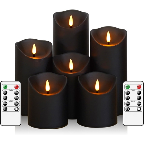 YOULIGHTS Flameless Flickering Candles With Remote, Black Battery Operated Candles With Timer, Set Of 6 Led Pillar Candles for Home Decor Christmas Halloween