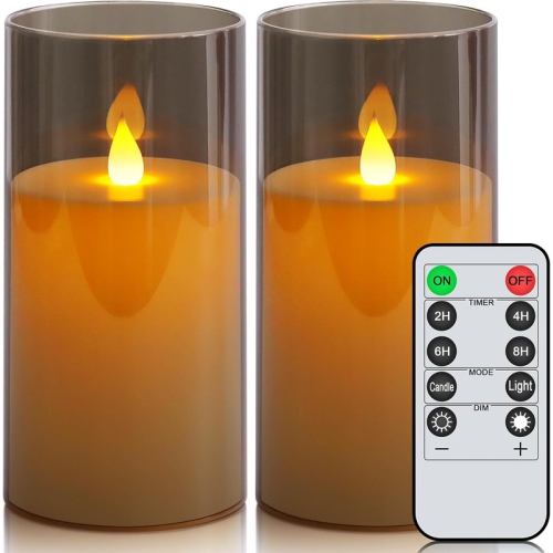 YOULIGHTS Battery Operated Flickering Flameless Candles, Gray Acrylic Plastic Led Pillar Candles With Remote And Timer Electric Fake Candles Set Of 2