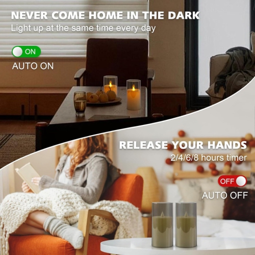 Battery Operated Flickering Flameless Candles, Gray Acrylic Plastic LED Pillar Candles with Remote and Timer Electric Fake Candles Set of 2