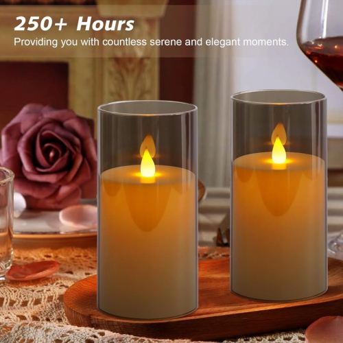 Battery Operated Flickering Flameless Candles, Gray Acrylic Plastic LED Pillar Candles with Remote and Timer Electric Fake Candles Set of 2