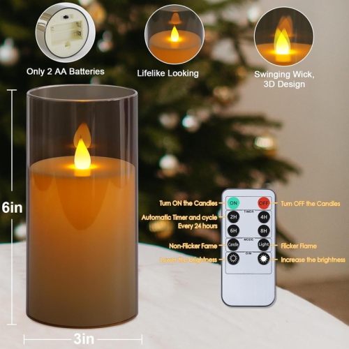 Battery Operated Flickering Flameless Candles, Gray Acrylic Plastic LED Pillar Candles with Remote and Timer Electric Fake Candles Set of 2