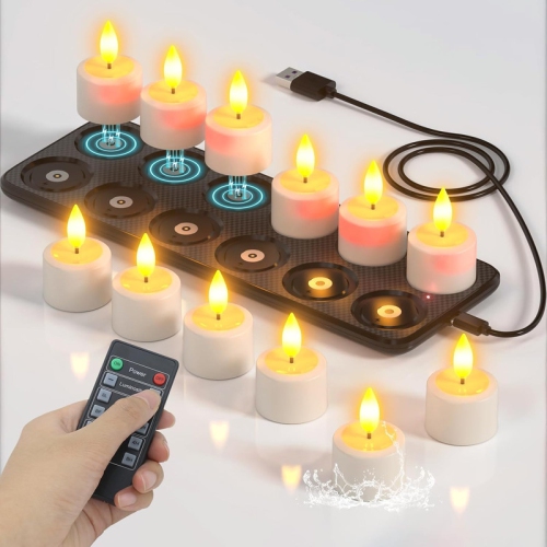 YOULIGHTS  Flameless Candles With Magnetic Charging Base, Rechargeable Waterproof 12PCs Led Flickering Battery Tea Lights Votives With Remote Timer