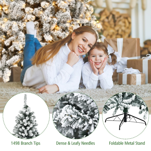 Sapin de Noël illuminé de 9 pi de Costway, arbre de Noël à charnières floqué avec 1498 branches et 550 lumières à DEL, support en métal, sapin de