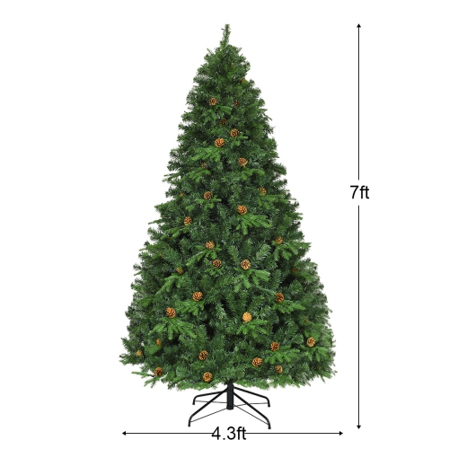 Costway 7FT Pre-Lit Christmas Tree, Artificial Spruce Hinged Tree w/ 460 LED Lights and Pine Cones, Xmas Tree for Indoor Decor