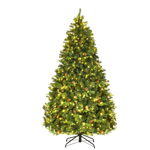 Costway 7FT Pre-Lit Christmas Tree, Artificial Spruce Hinged Tree w/ 460 LED Lights and Pine Cones, Xmas Tree for Indoor Decor