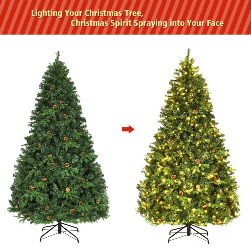 Costway 7FT Pre-Lit Christmas Tree, Artificial Spruce Hinged Tree w/ 460 LED Lights and Pine Cones, Xmas Tree for Indoor Decor