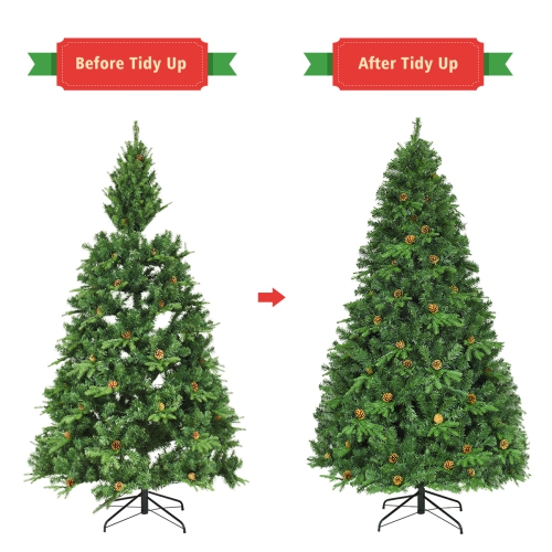 Costway 7FT Pre-Lit Christmas Tree, Artificial Spruce Hinged Tree w/ 460 LED Lights and Pine Cones, Xmas Tree for Indoor Decor