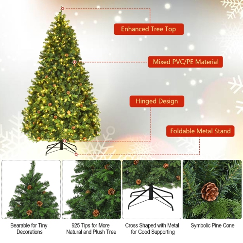 Costway 7FT Pre-Lit Christmas Tree, Artificial Spruce Hinged Tree w/ 460 LED Lights and Pine Cones, Xmas Tree for Indoor Decor