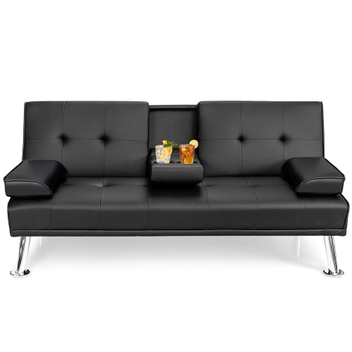 COSTWAY  Faux Leather Convertible Sectional Sofa Bed, Morden Folding Convertible Futon W/cup Holders & Armrests Black, Multifunctional Upholstered Guest Sofa Bed, Black