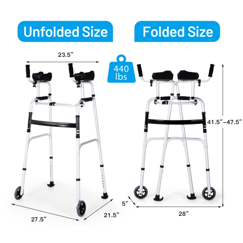 Costway Foldable Standard Walker with 5" Wheels and Removable Padded Armrests 440lbs, Lightweight Walking Mobility Aid, Folding Platform Walker for