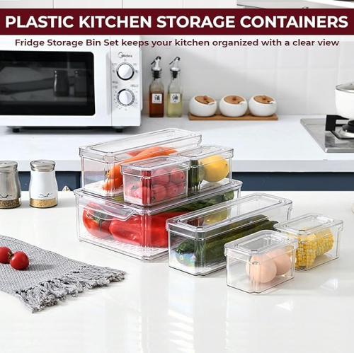 Fridge Organizer, Stackable Refrigerator Organizer Bin with lids, Clear Plastic Pantry Organizer Bins, Freezer Organizers Kitchen Storage and