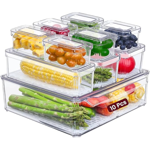 Fridge Organizer, Stackable Refrigerator Organizer Bin with lids, Clear Plastic Pantry Organizer Bins, Freezer Organizers Kitchen Storage and