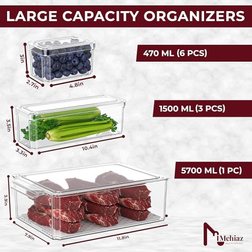 Fridge Organizer, Stackable Refrigerator Organizer Bin with lids, Clear Plastic Pantry Organizer Bins, Freezer Organizers Kitchen Storage and