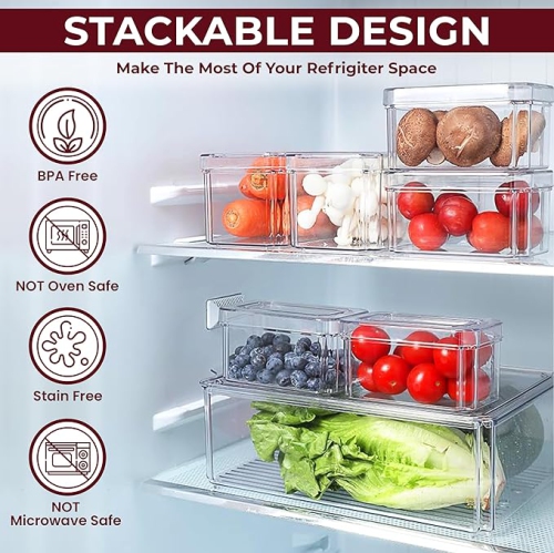 Fridge Organizer, Stackable Refrigerator Organizer Bin with lids, Clear Plastic Pantry Organizer Bins, Freezer Organizers Kitchen Storage and