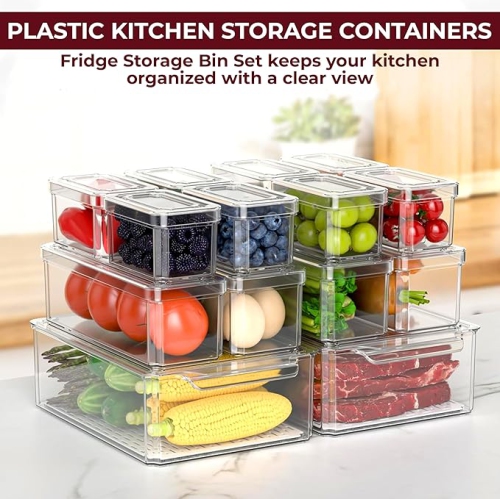 Fridge Organizer, Stackable Refrigerator Organizer Bin with lids, Clear Plastic Pantry Organizer Bins, Freezer Organizers Kitchen Storage and