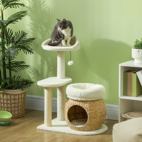 PawHut 31" Cat Tree, Cat Tower with Sisal Scratching Posts, Cat Condo, Cat Beds, Platform, Toy Ball, Cat Activity Center for Indoor Cats, Cream White