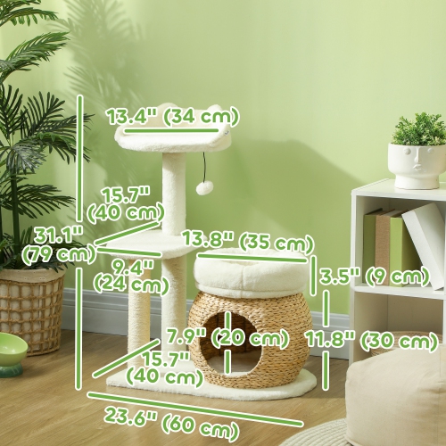 PawHut 31" Cat Tree, Cat Tower with Sisal Scratching Posts, Cat Condo, Cat Beds, Platform, Toy Ball, Cat Activity Center for Indoor Cats, Cream White