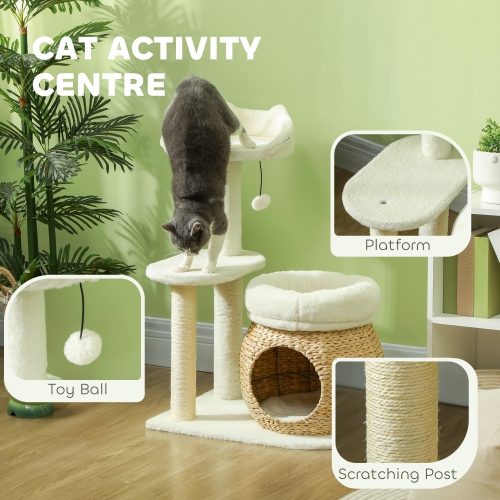 PawHut 31" Cat Tree, Cat Tower with Sisal Scratching Posts, Cat Condo, Cat Beds, Platform, Toy Ball, Cat Activity Center for Indoor Cats, Cream White