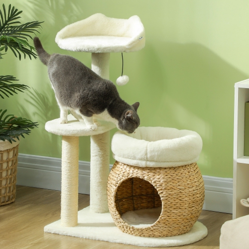 PawHut 31" Cat Tree, Cat Tower with Sisal Scratching Posts, Cat Condo, Cat Beds, Platform, Toy Ball, Cat Activity Center for Indoor Cats, Cream White