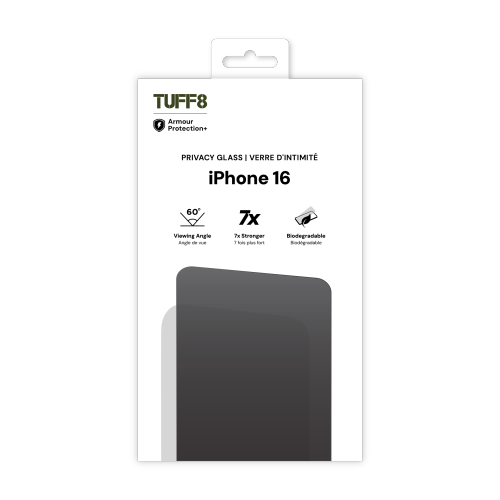 TUFF8 Privacy Tempered Glass Screen Protection with Installer Kit for iPhone 16