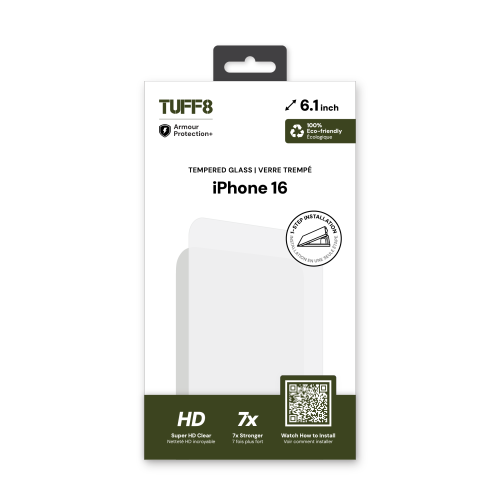 Protecteur d'écran en verre trempé TUFF8 avec trousse de pose automatique pour iPhone 16