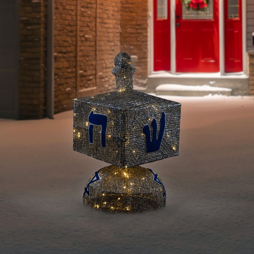 NORTHLIGHT  Led Lighted Hanukkah Dreidel Outdoor Decoration - 37" - Clear Lights - In Silver